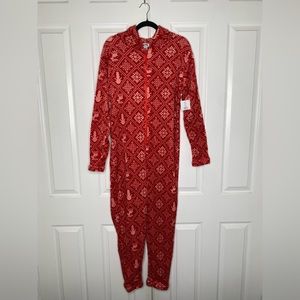 NWT NYC Underground Holiday One-Piece Fleece Hooded Christmas PJs Size L / XL